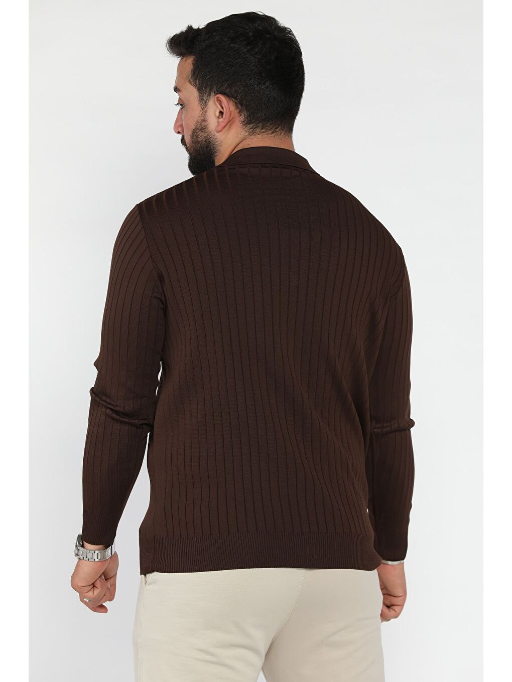 Kahverengi Erkek Polo Yaka Yarım Fermuarlı Triko Kazak-2