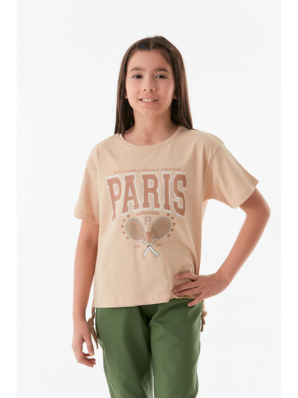 Bej Yazı Baskılı Yanları Büzgülü Kız Çocuk Tişört-2