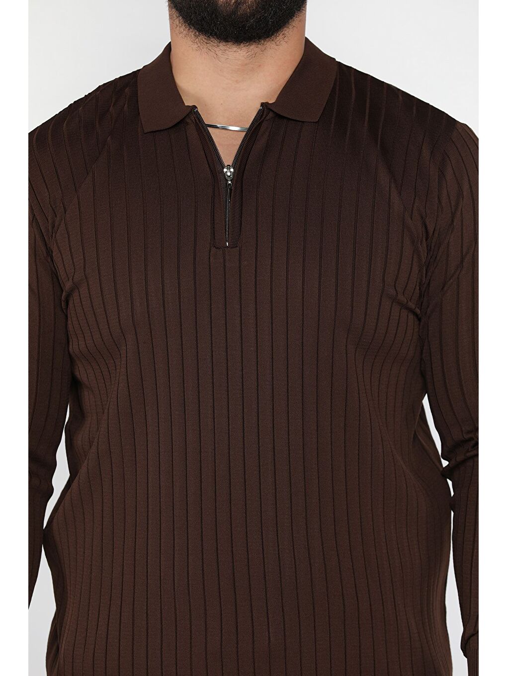 Kahverengi Erkek Polo Yaka Yarım Fermuarlı Triko Kazak-3