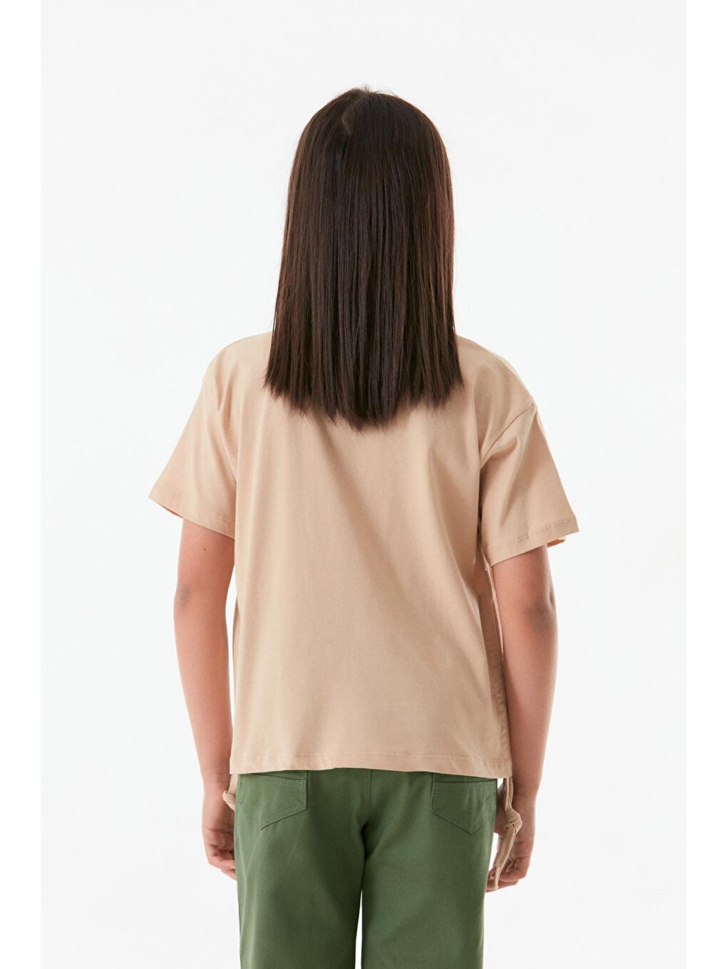 Bej Yazı Baskılı Yanları Büzgülü Kız Çocuk Tişört-3