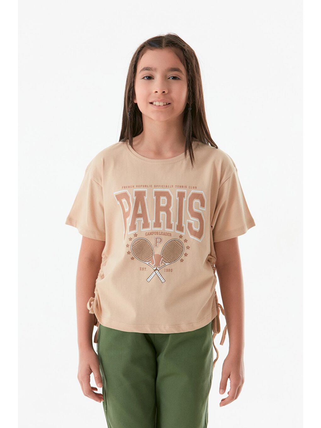 Bej Yazı Baskılı Yanları Büzgülü Kız Çocuk Tişört-4