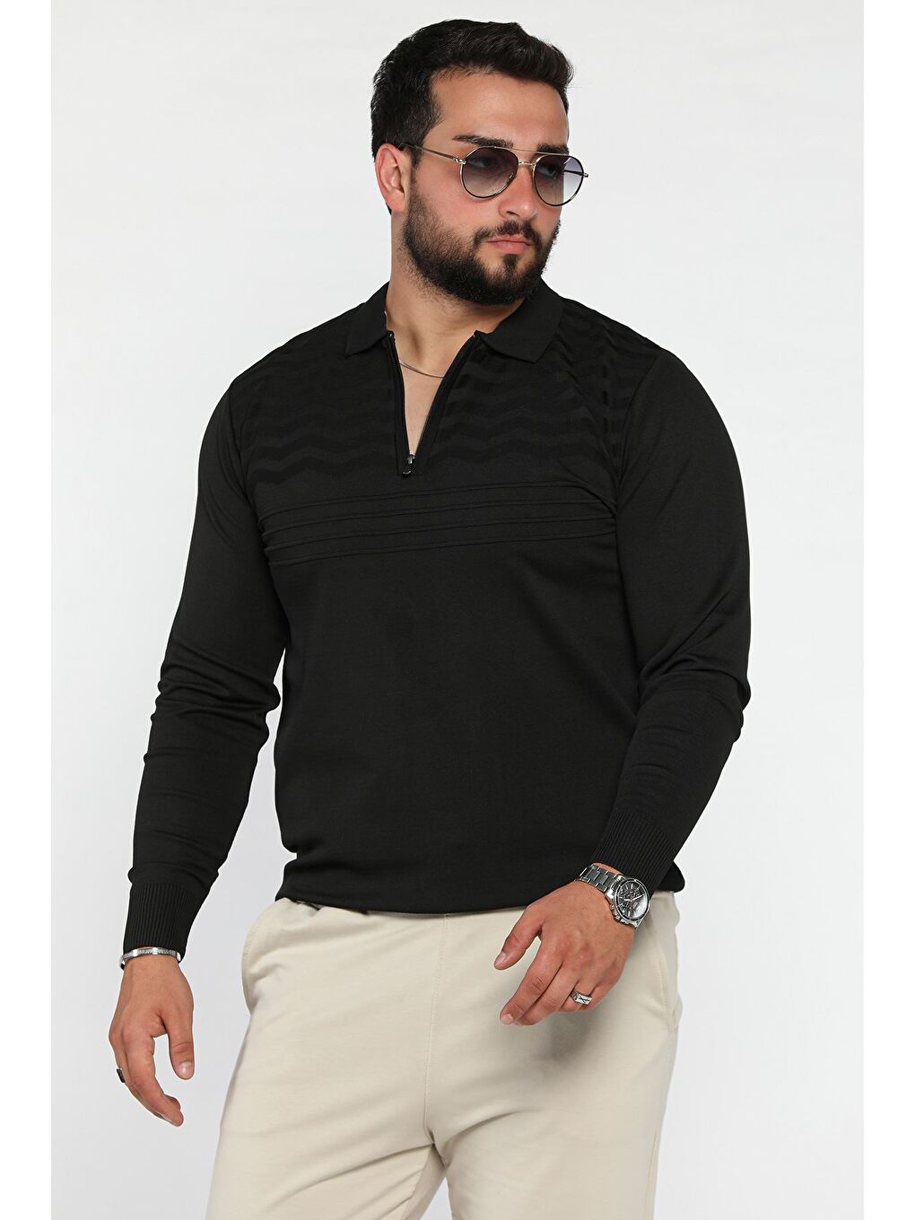 Siyah Yarım Fermuarlı Elastanlı Erkek Triko Kazak-1