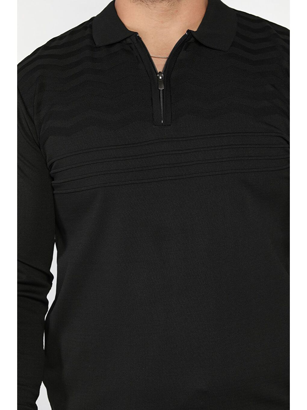 Siyah Yarım Fermuarlı Elastanlı Erkek Triko Kazak-3
