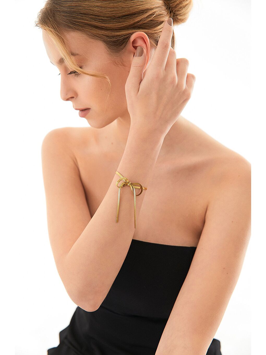 Sarı Kurdeleli İtalyan Zincir Çelik Bileklik-1