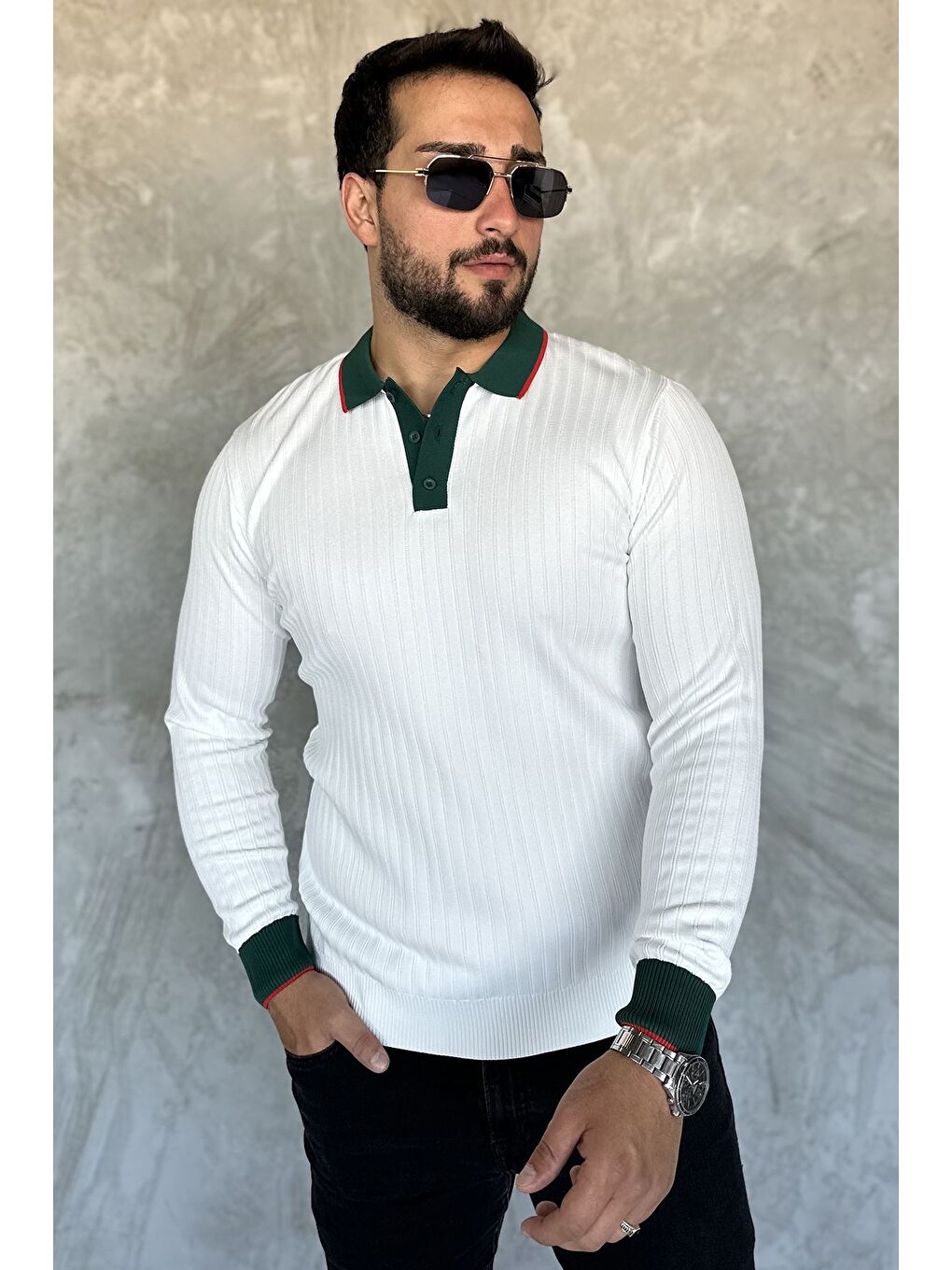 Beyaz Polo Yaka Yarım Düğmeli Erkek Triko Kazak-1