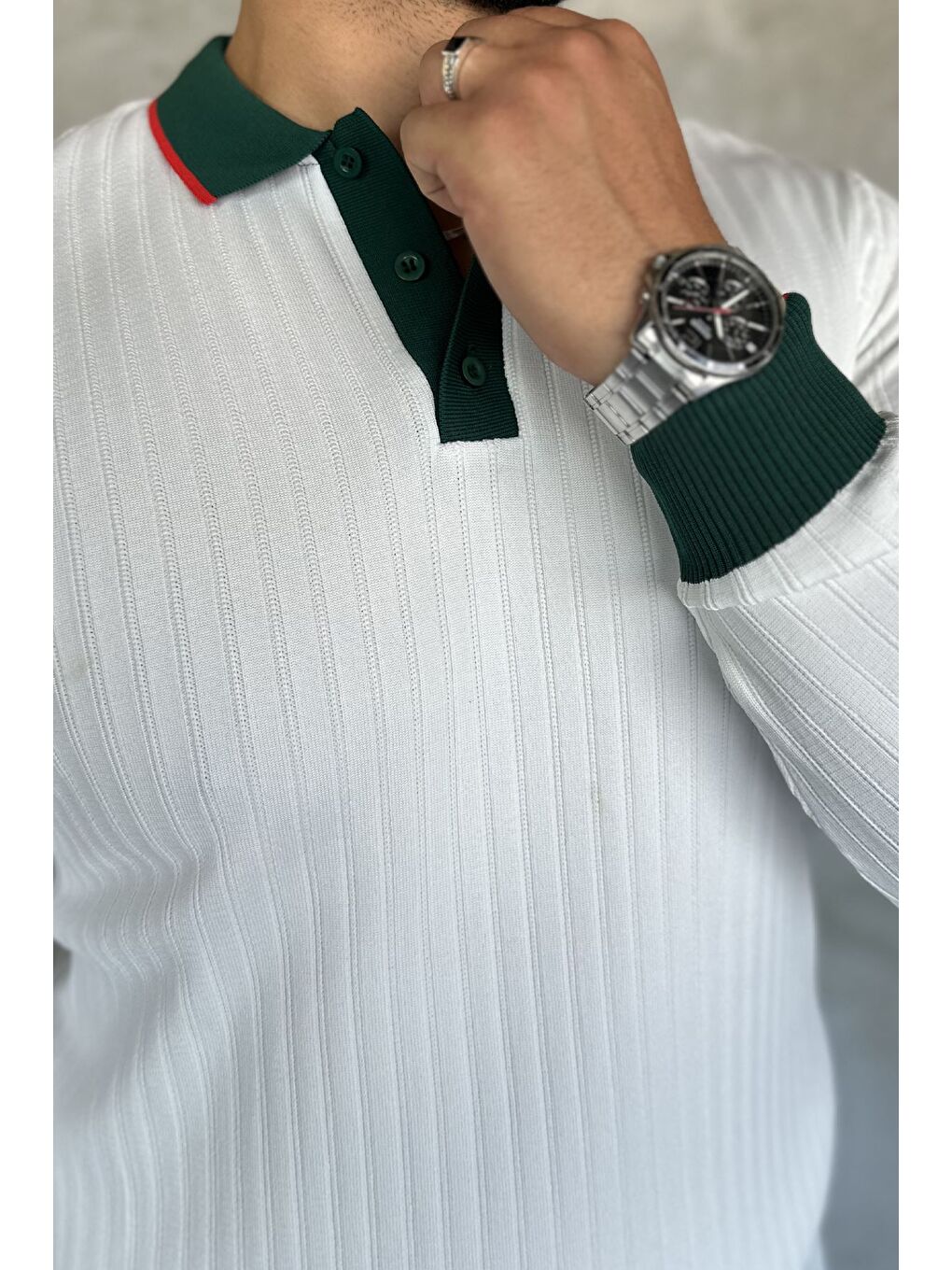 Beyaz Polo Yaka Yarım Düğmeli Erkek Triko Kazak-2