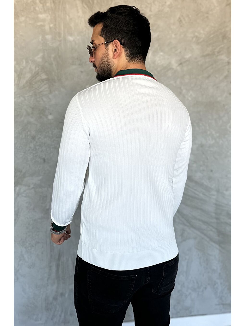 Beyaz Polo Yaka Yarım Düğmeli Erkek Triko Kazak-3