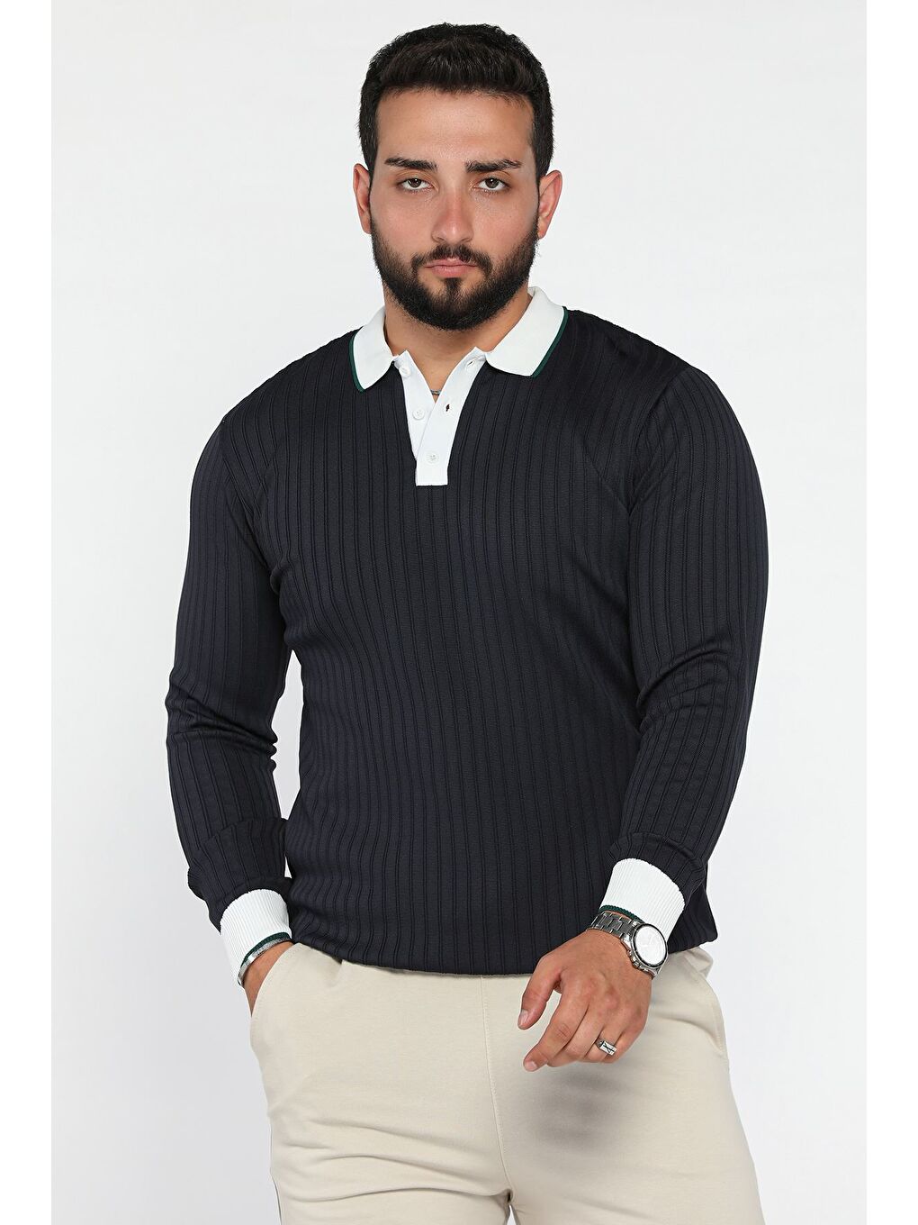 Lacivert Polo Yaka Yarım Düğmeli Erkek Triko Kazak