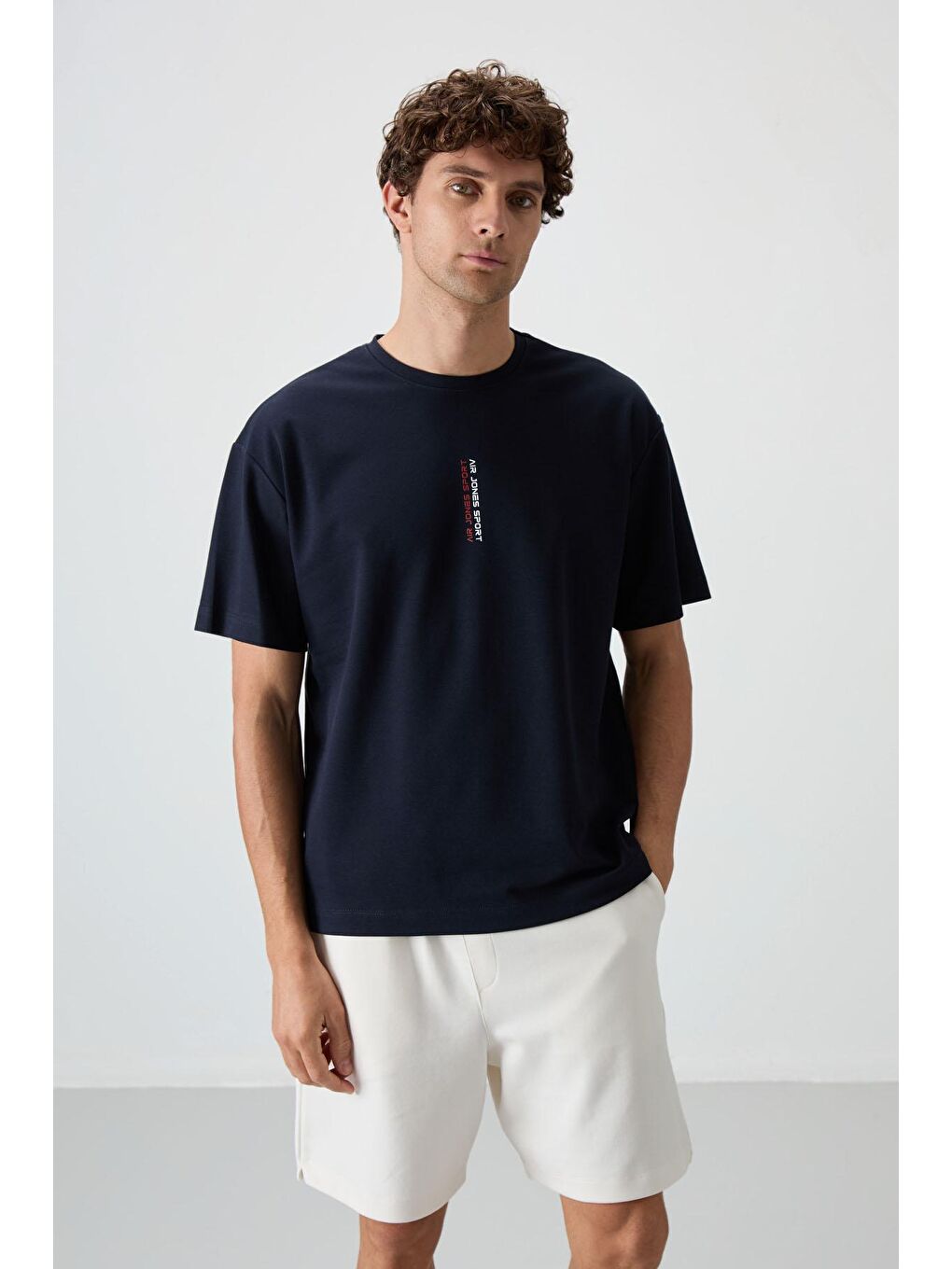 AIR JONES Lacivert Pamuklu Kalın Yüzeyi Dokulu Oversize Fit  Baskılı Erkek T-Shirt - 88368 - 3