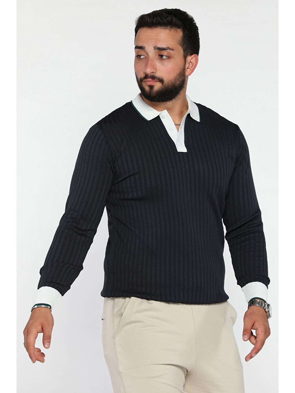 Lacivert Polo Yaka Yarım Düğmeli Erkek Triko Kazak-1