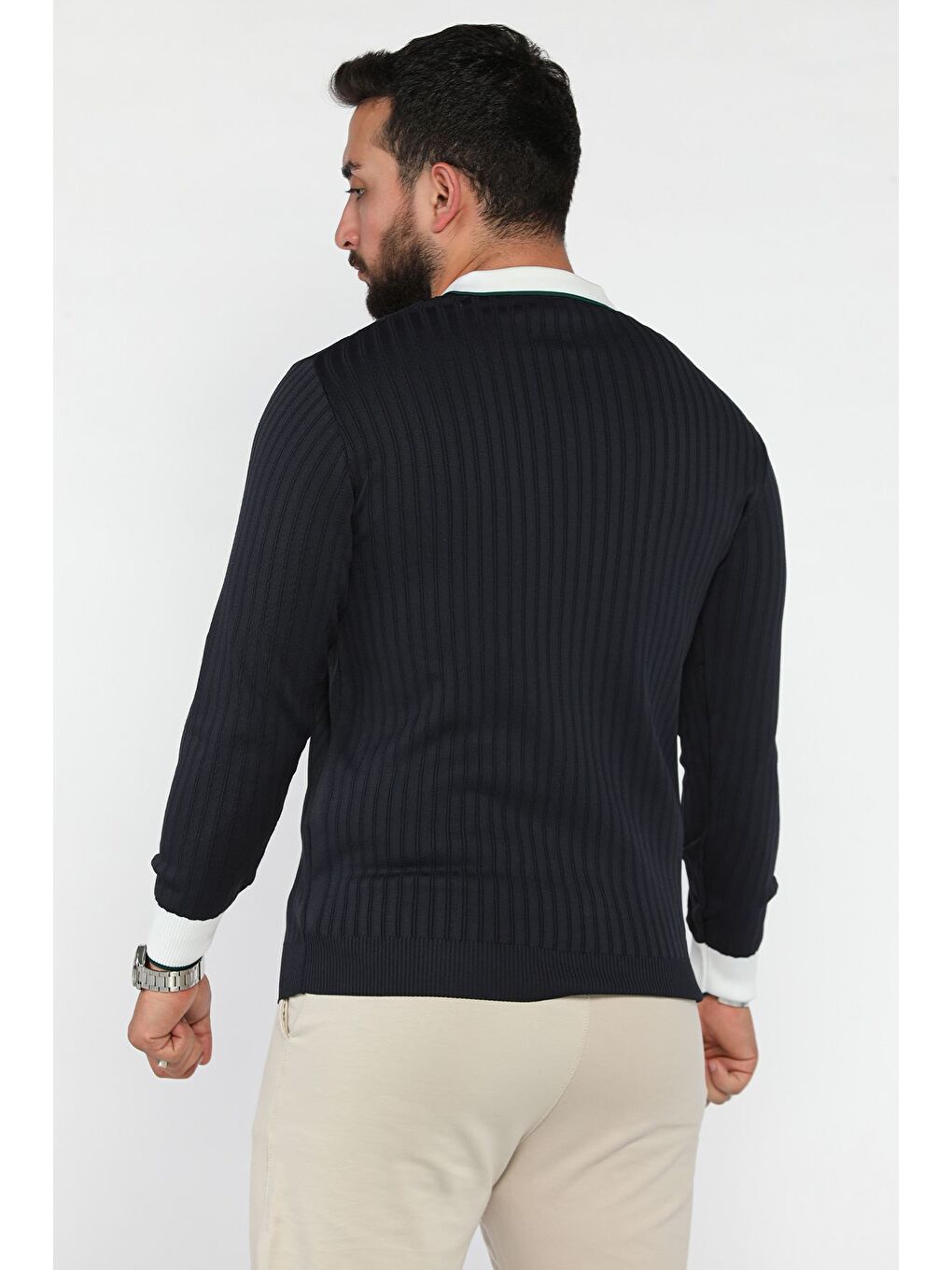 Lacivert Polo Yaka Yarım Düğmeli Erkek Triko Kazak-2