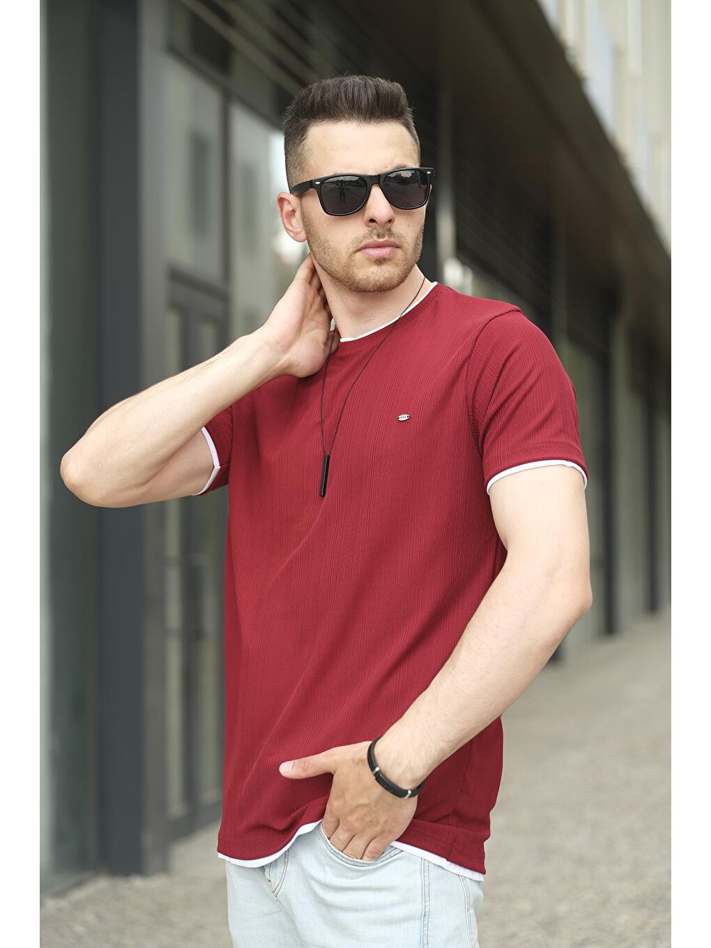 Bordo Koben Parça Kumaş Detaylı Erkek Slim Fit Tişört
