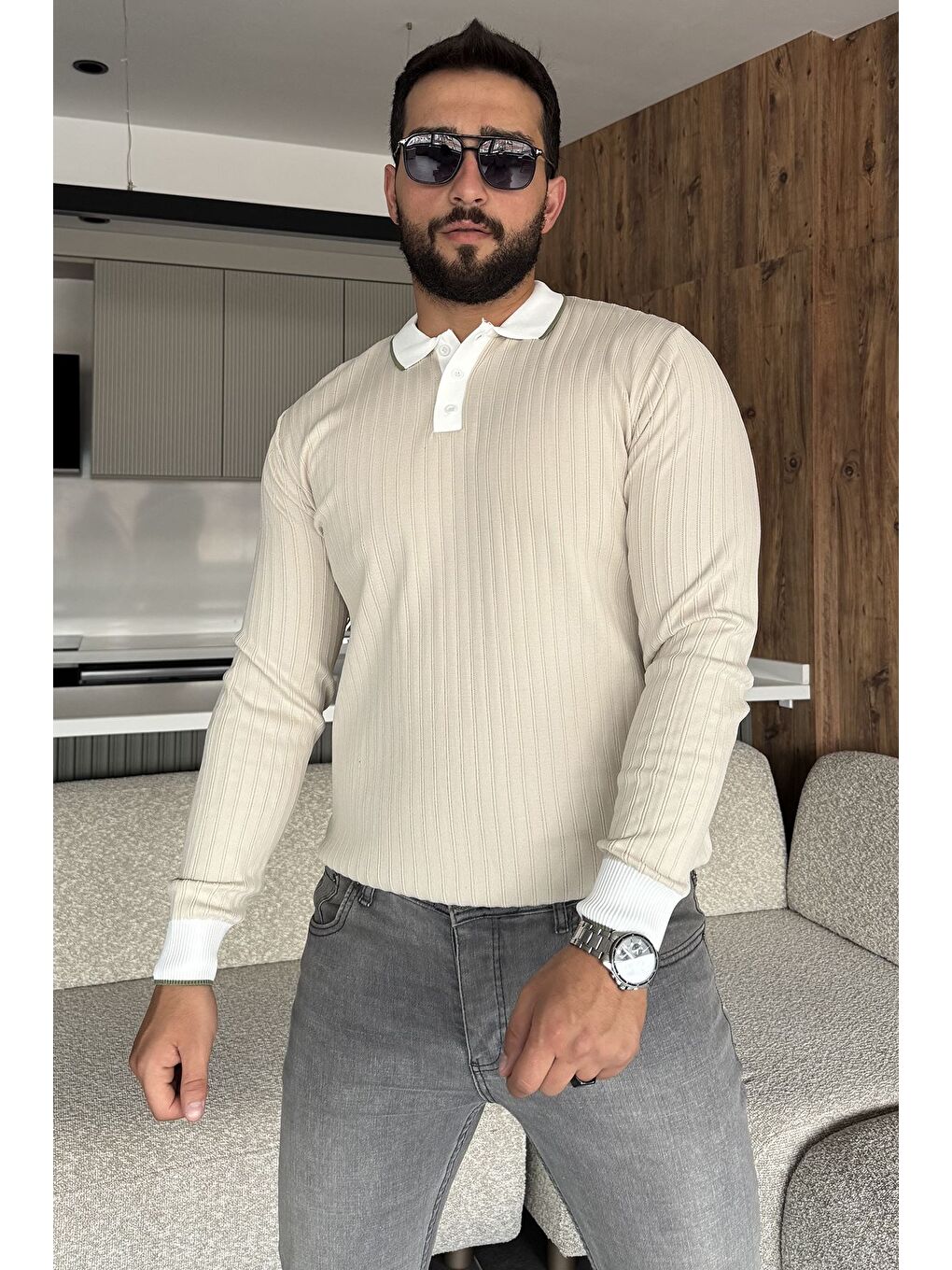 Bej Polo Yaka Yarım Düğmeli Erkek Triko Kazak