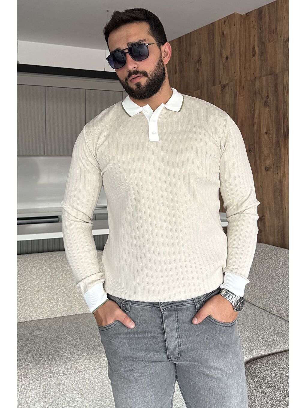 Bej Polo Yaka Yarım Düğmeli Erkek Triko Kazak-1