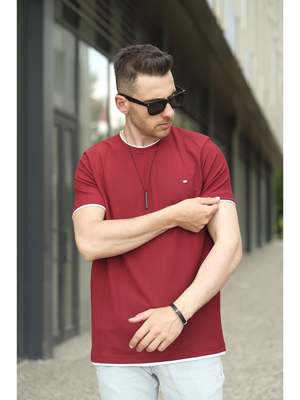 Bordo Koben Parça Kumaş Detaylı Erkek Slim Fit Tişört-1