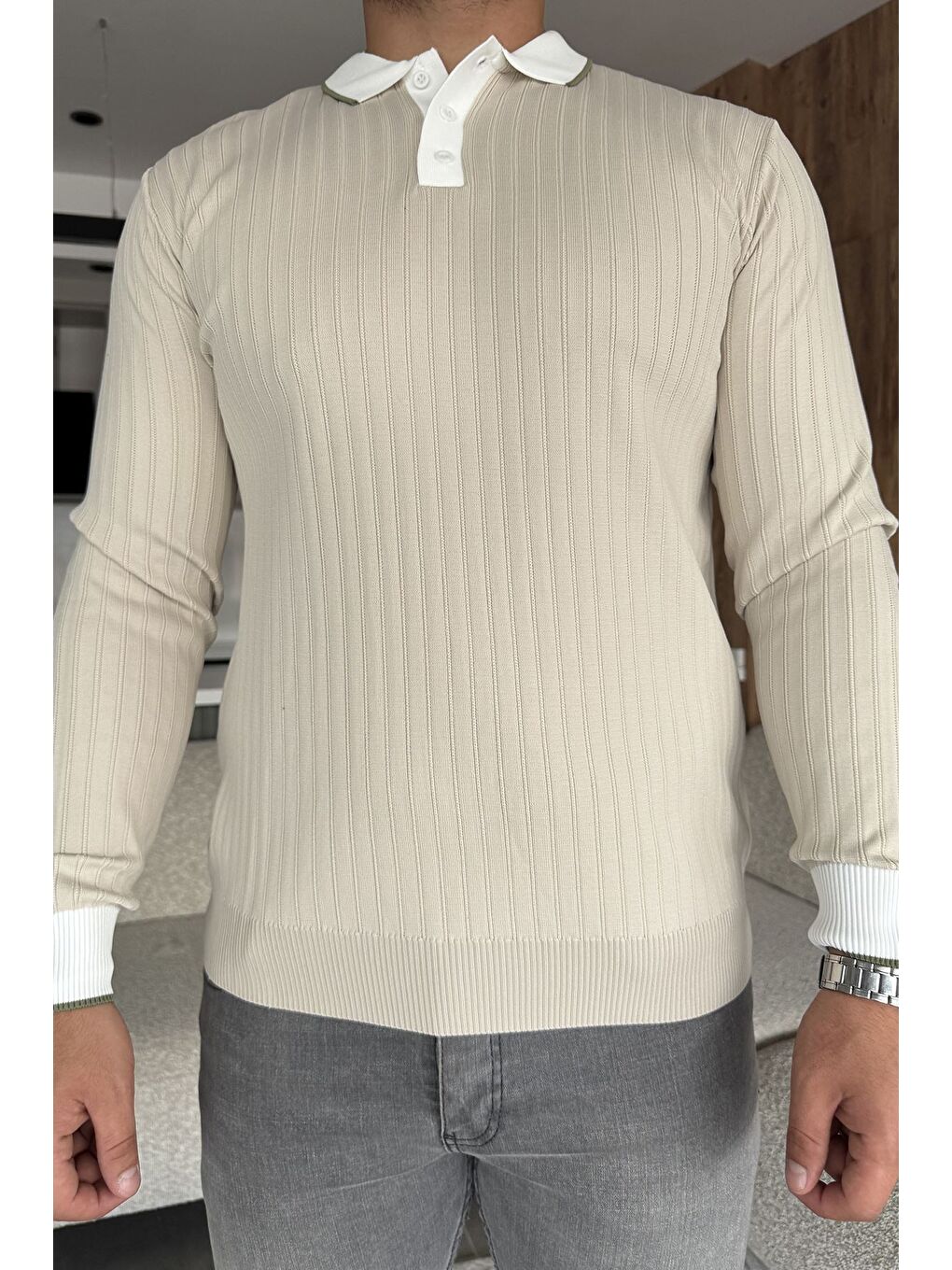 Bej Polo Yaka Yarım Düğmeli Erkek Triko Kazak-2