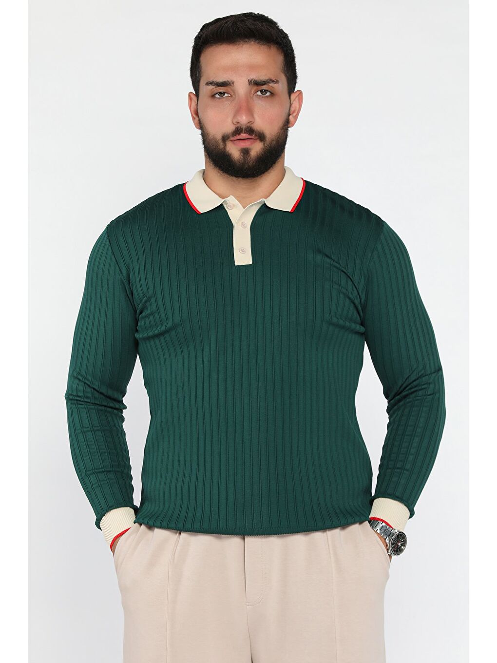 Yeşil Polo Yaka Yarım Düğmeli Erkek Triko Kazak-1