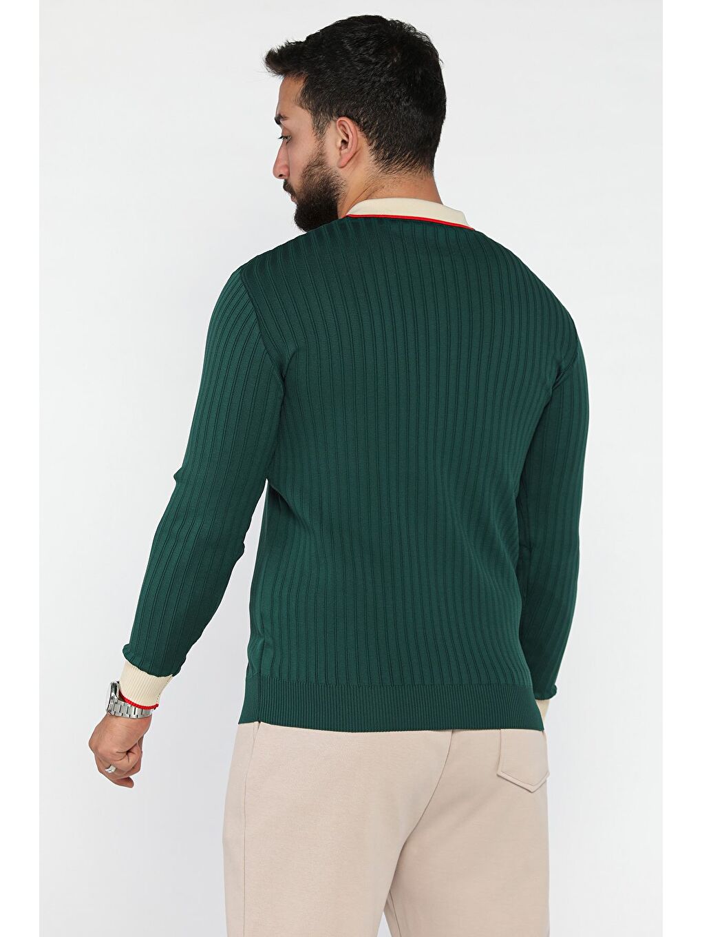 Yeşil Polo Yaka Yarım Düğmeli Erkek Triko Kazak-2