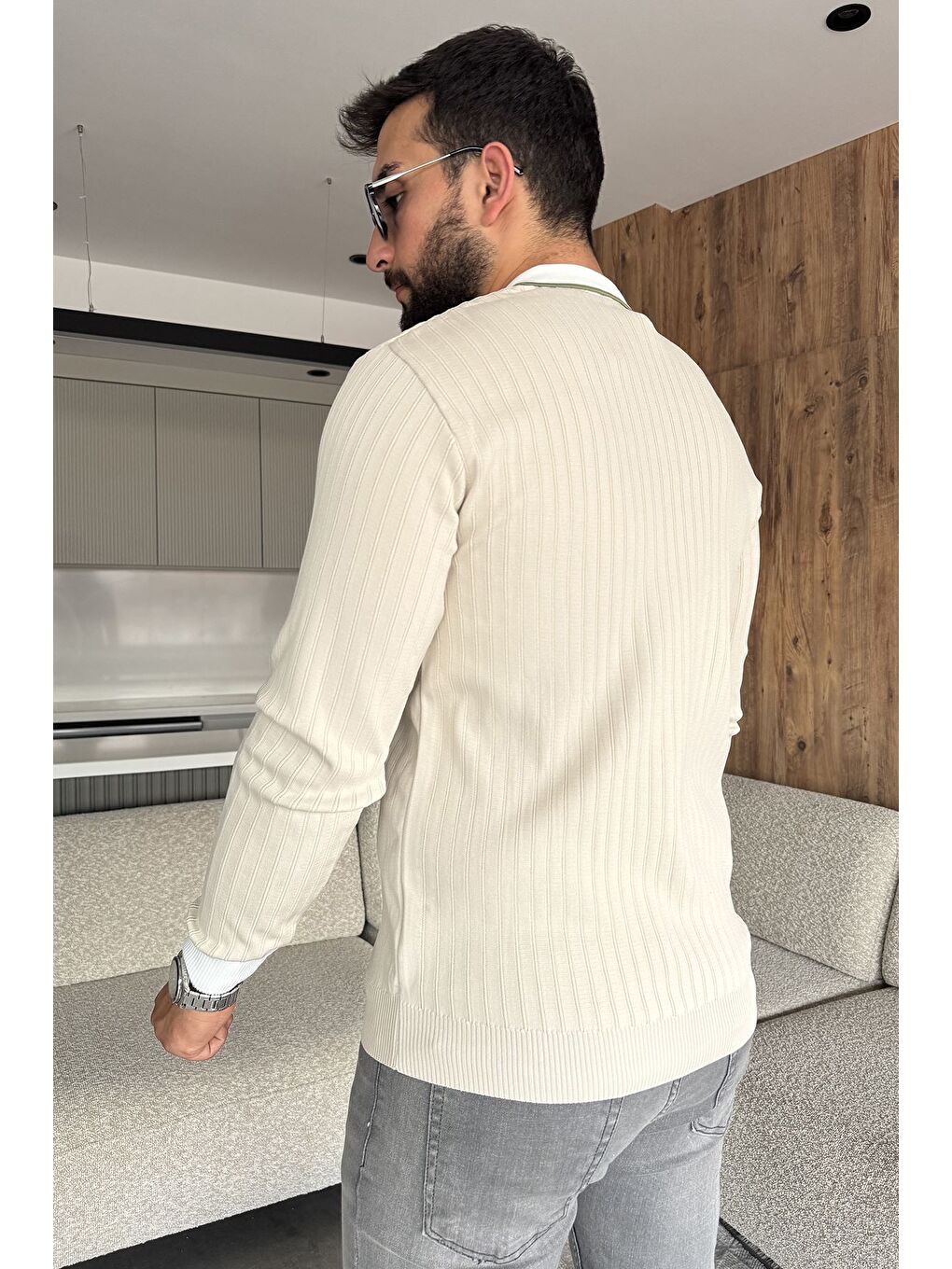 Bej Polo Yaka Yarım Düğmeli Erkek Triko Kazak-3