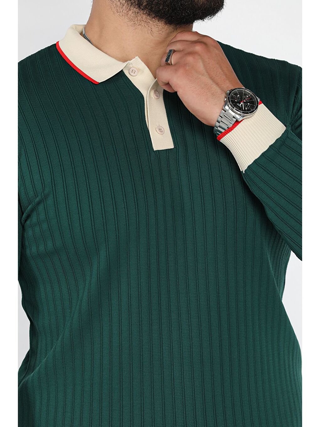 Yeşil Polo Yaka Yarım Düğmeli Erkek Triko Kazak-3