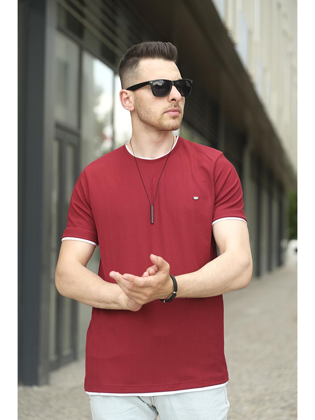 Bordo Koben Parça Kumaş Detaylı Erkek Slim Fit Tişört-2