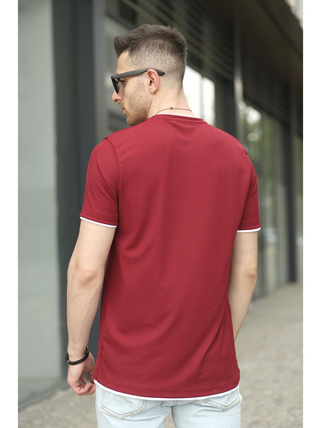Bordo Koben Parça Kumaş Detaylı Erkek Slim Fit Tişört-3
