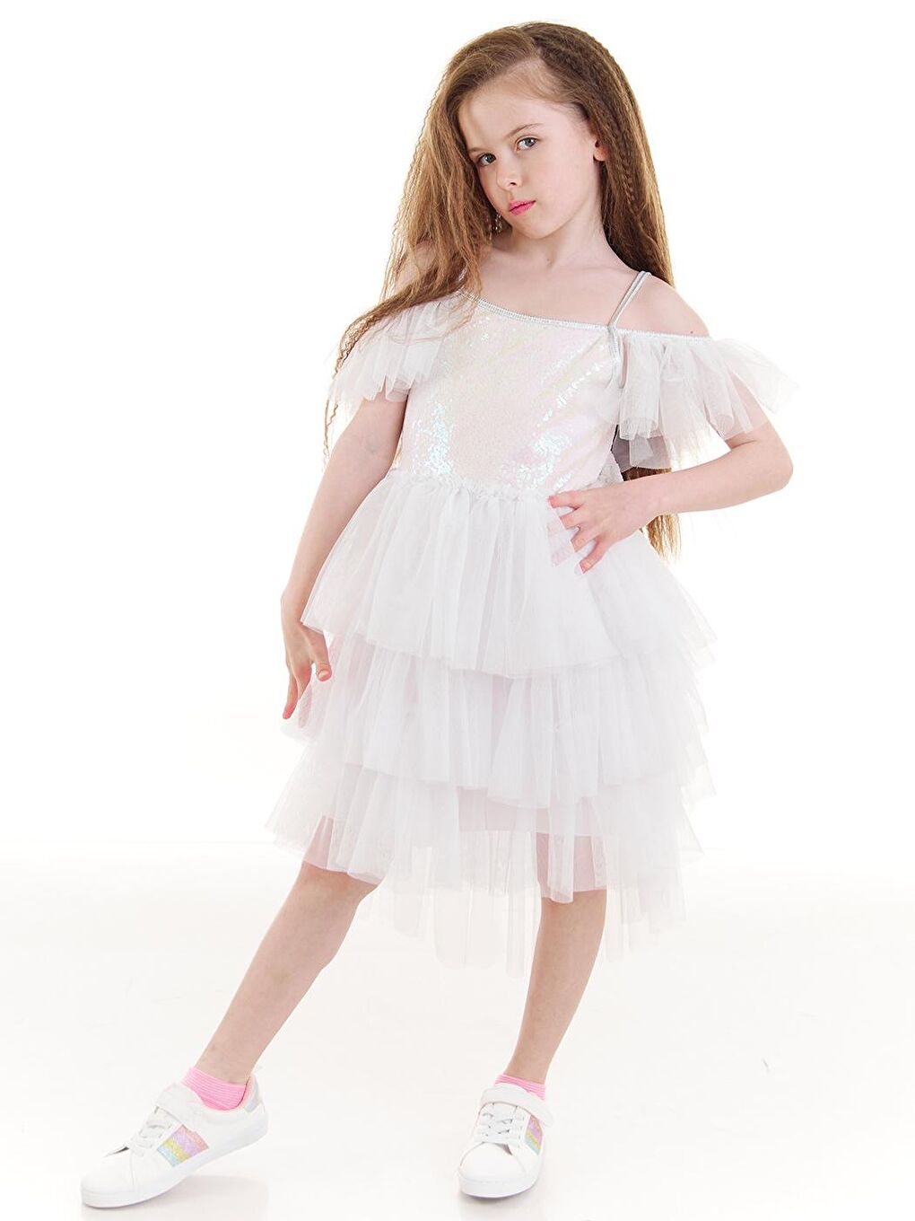 Beyaz June Payetli Fiyonklu Tütü Elbise