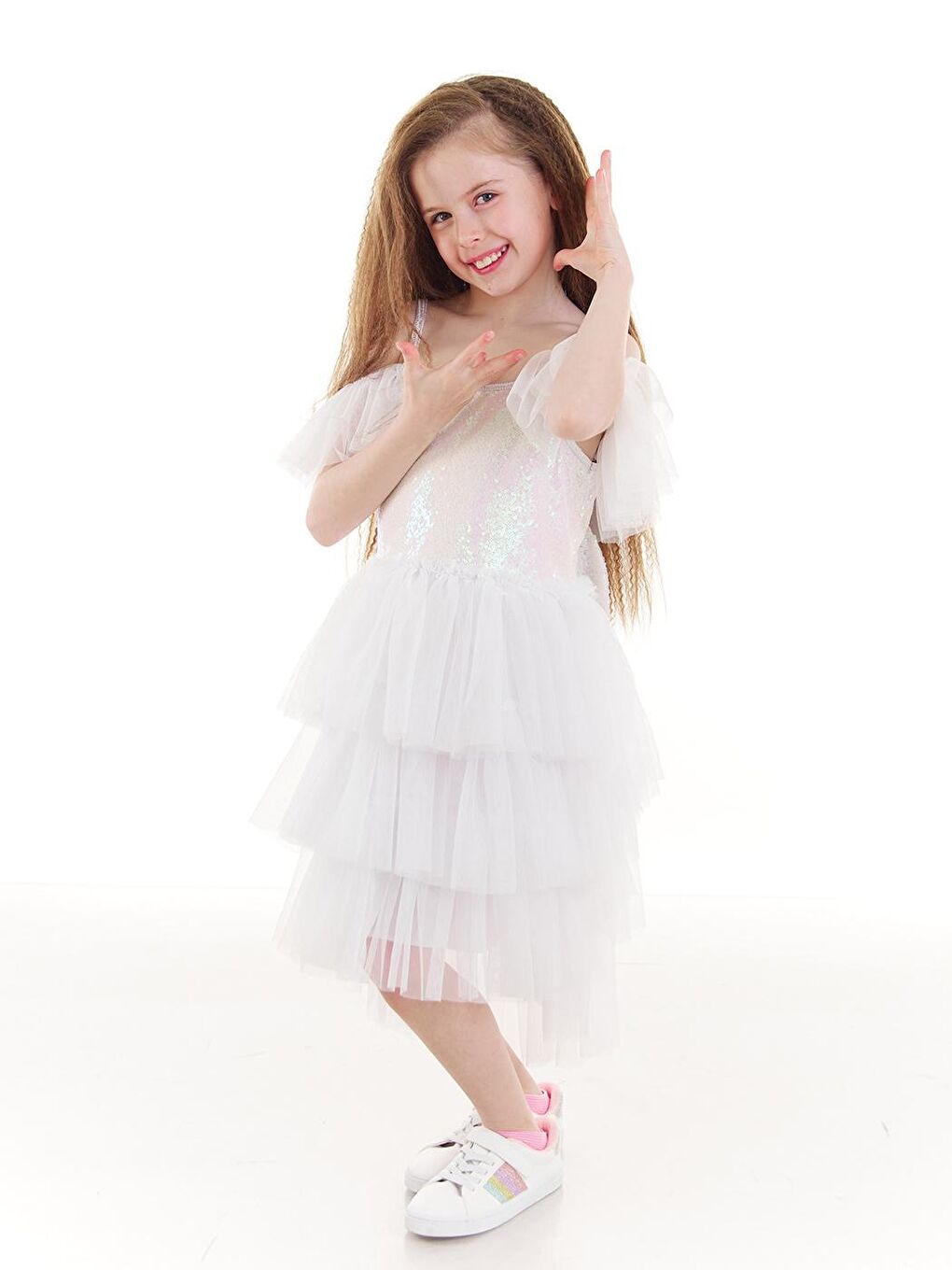 Beyaz June Payetli Fiyonklu Tütü Elbise-2