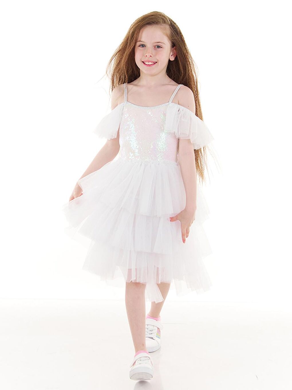 Beyaz June Payetli Fiyonklu Tütü Elbise-3