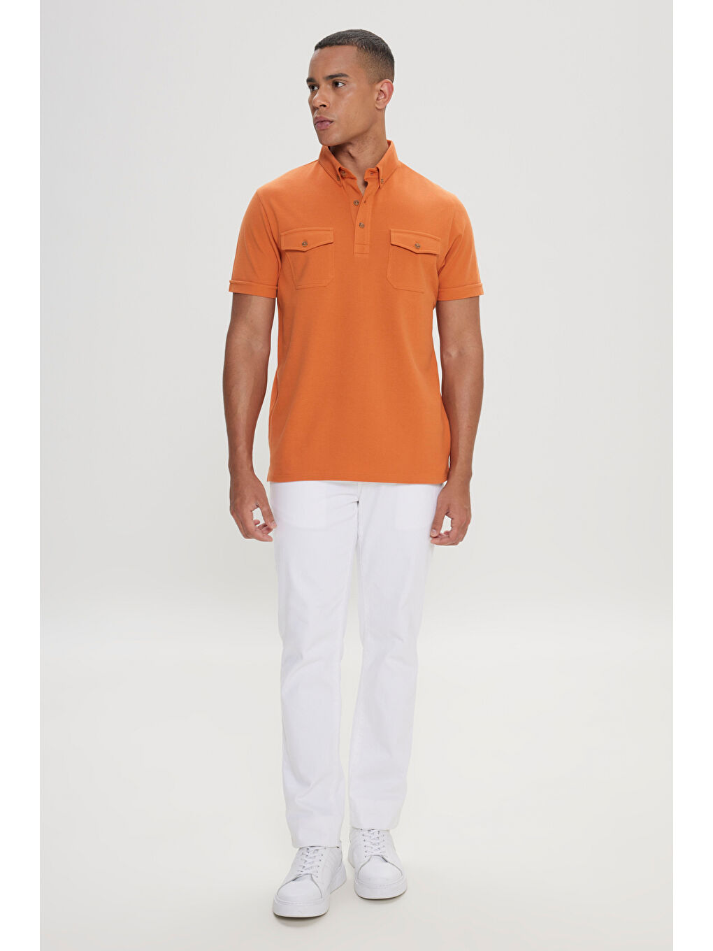 Erkek Turuncu Slim Fit Dar Kesim %100 Pamuk Polo Yaka Tişört-1