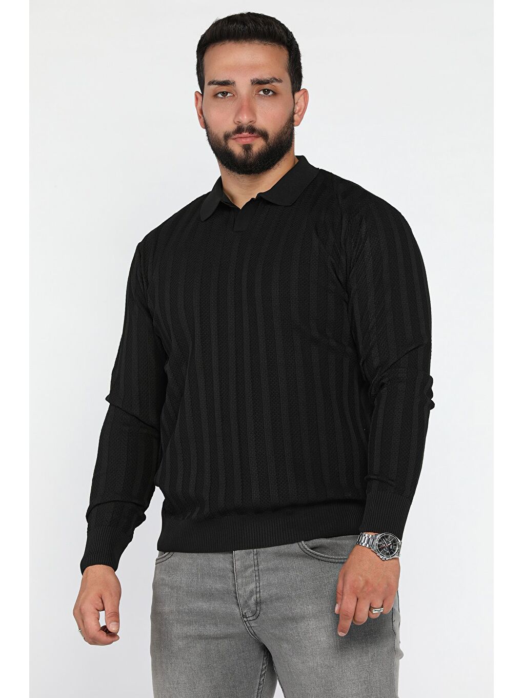 Siyah Polo Yaka Desenli Erkek Triko Kazak