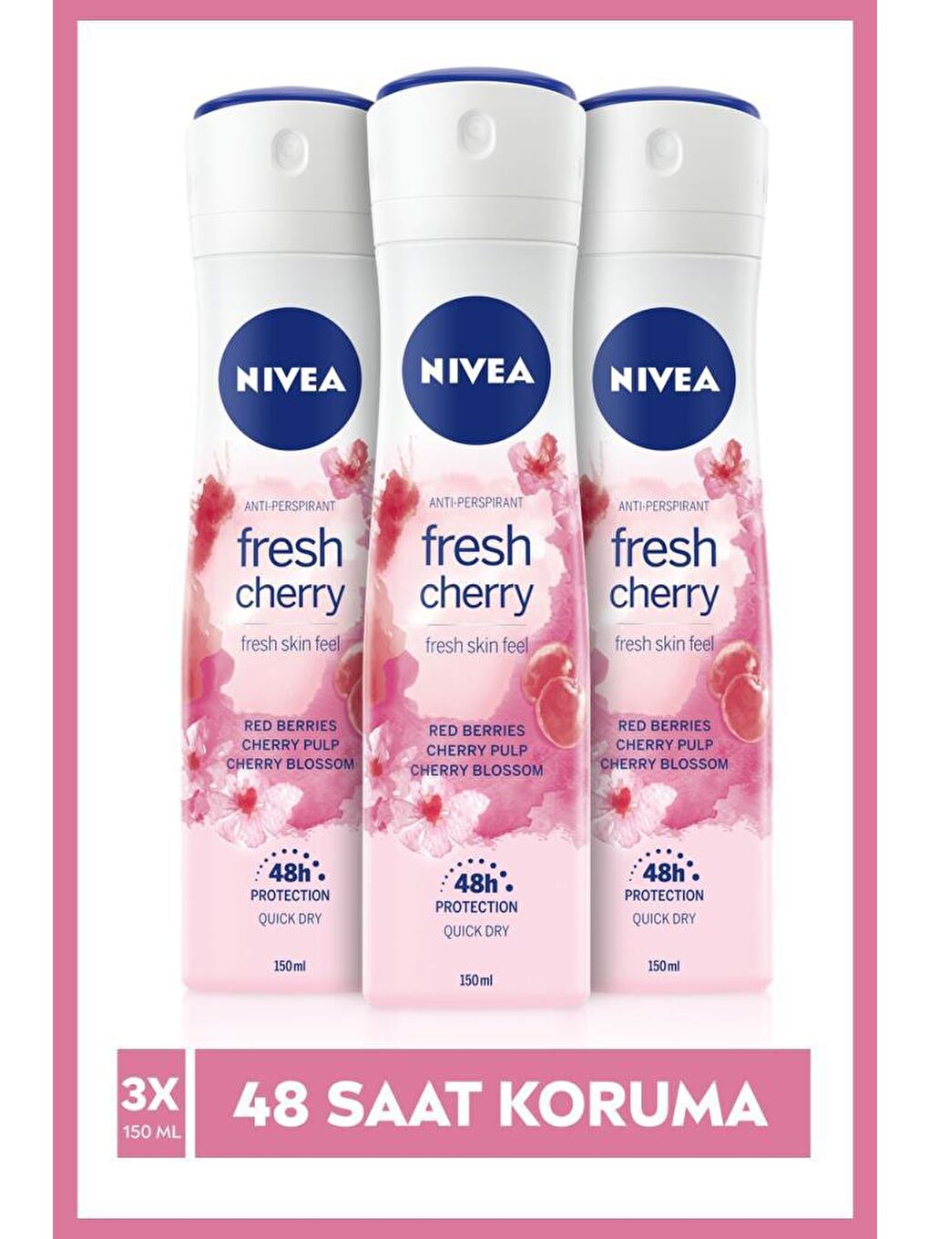 NIVEA Şeffaf Kadın Sprey Deodorant Fresh Cherry, 48 Saat Anti-Perspirant Koruma, 150 ml X3 Adet,