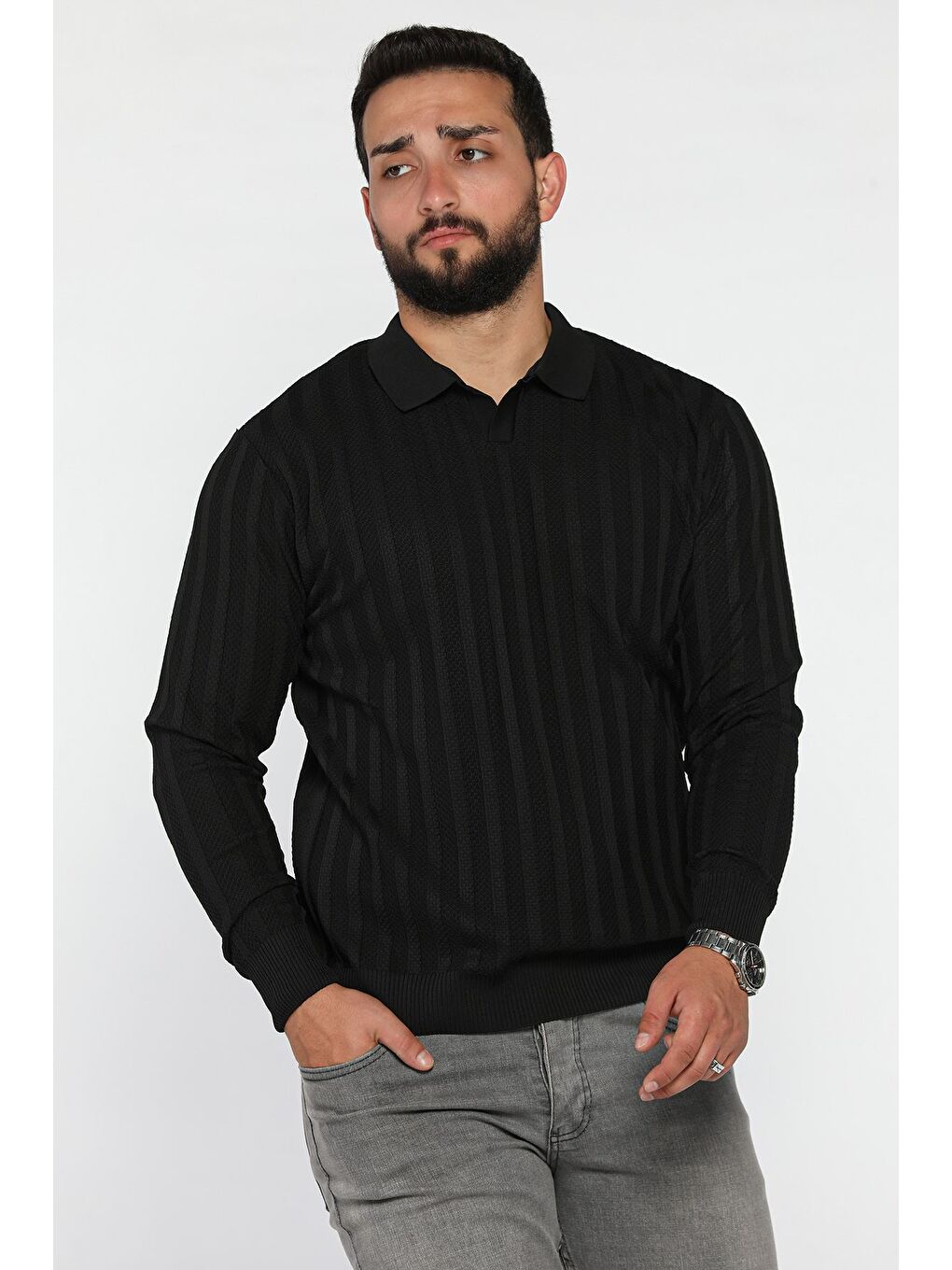 Siyah Polo Yaka Desenli Erkek Triko Kazak-1