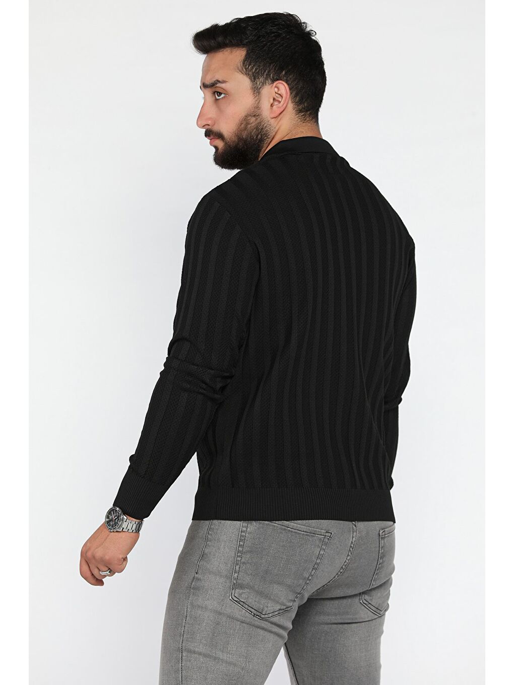 Siyah Polo Yaka Desenli Erkek Triko Kazak-2