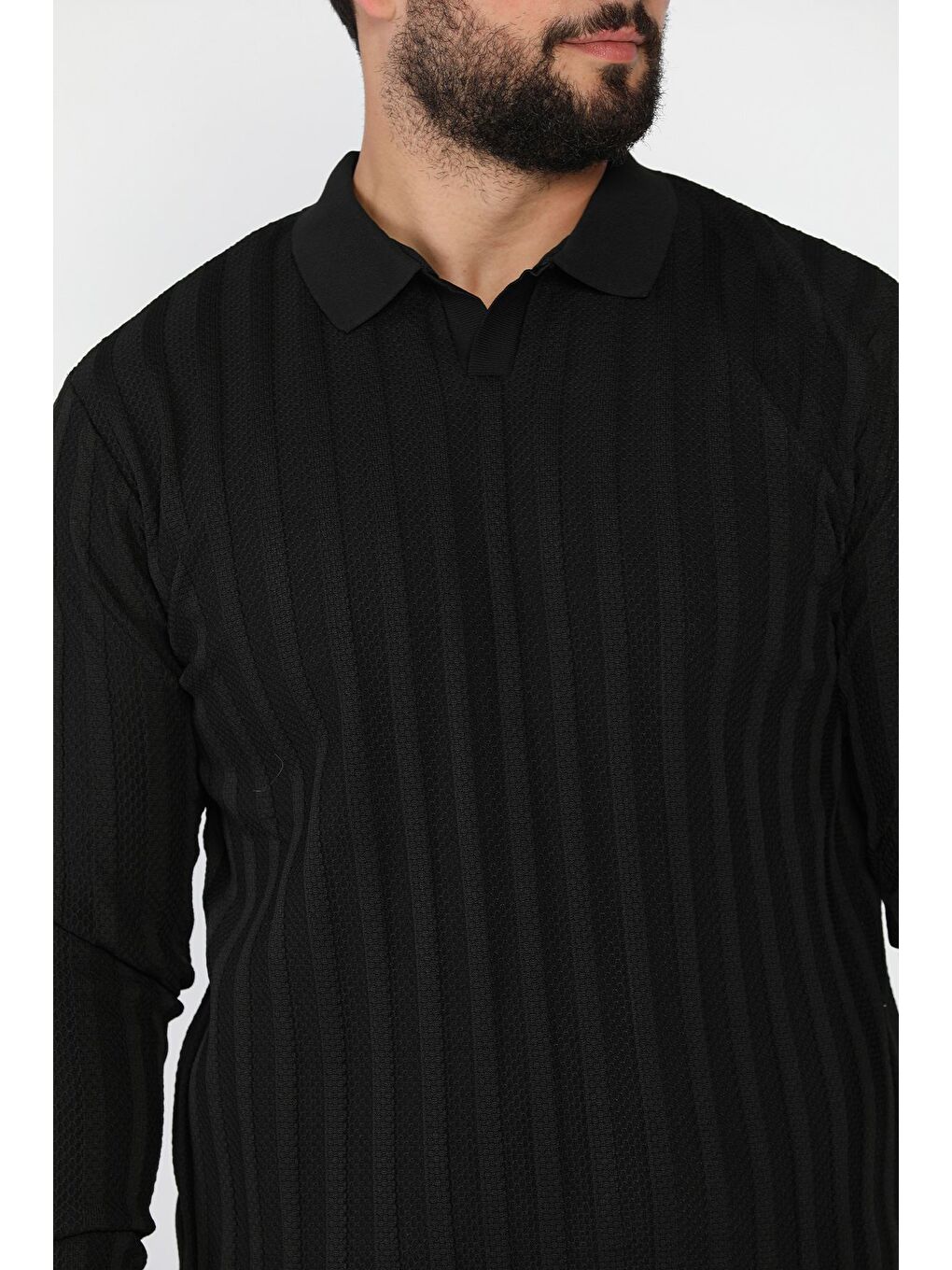 Siyah Polo Yaka Desenli Erkek Triko Kazak-3