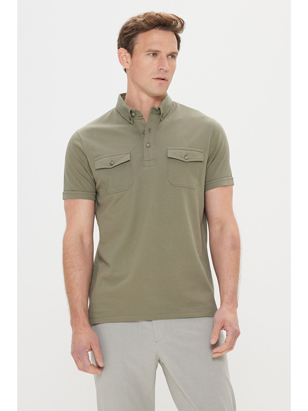 Erkek Haki Slim Fit Dar Kesim %100 Pamuk Polo Yaka Tişört