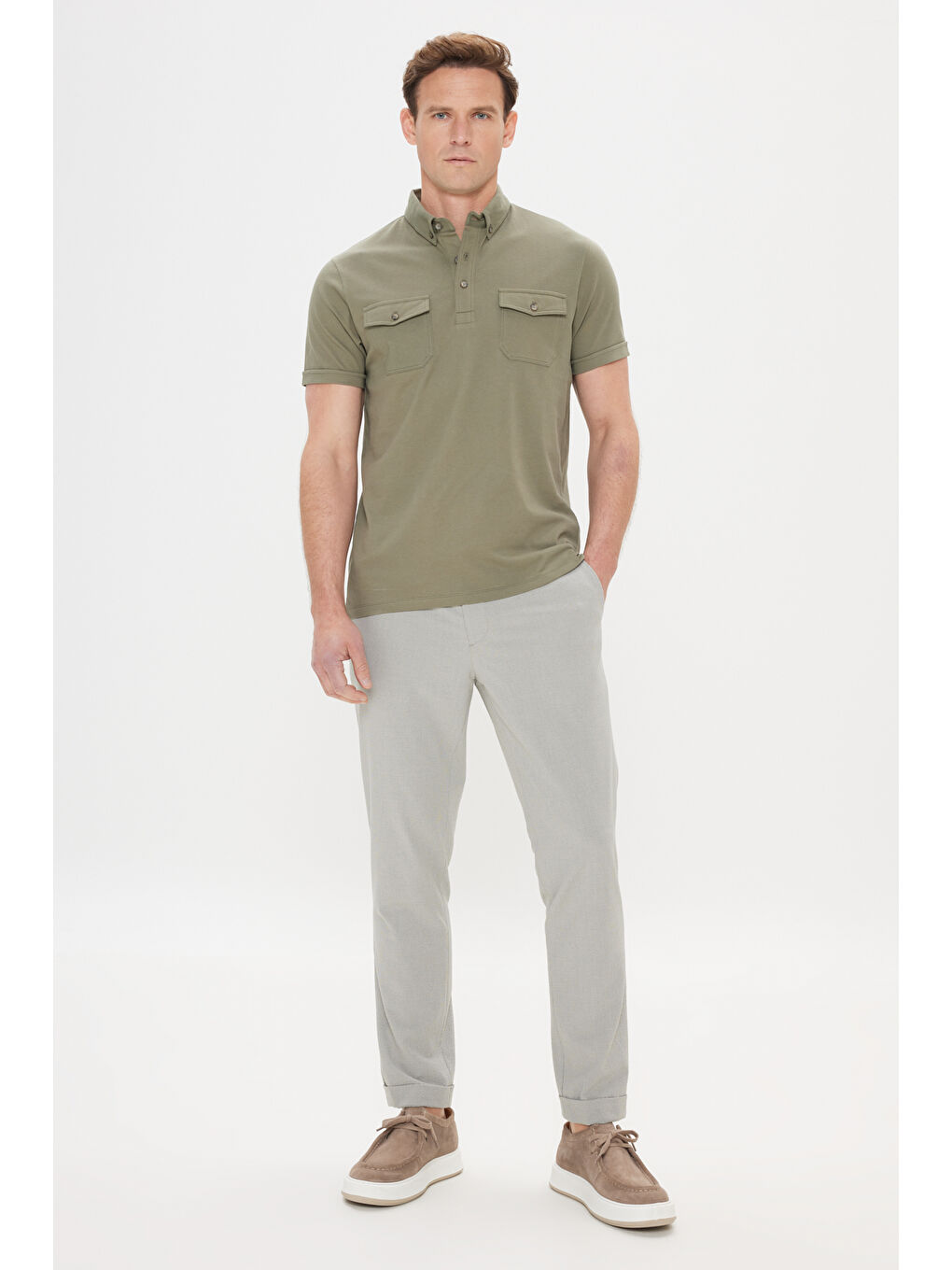 Erkek Haki Slim Fit Dar Kesim %100 Pamuk Polo Yaka Tişört-1