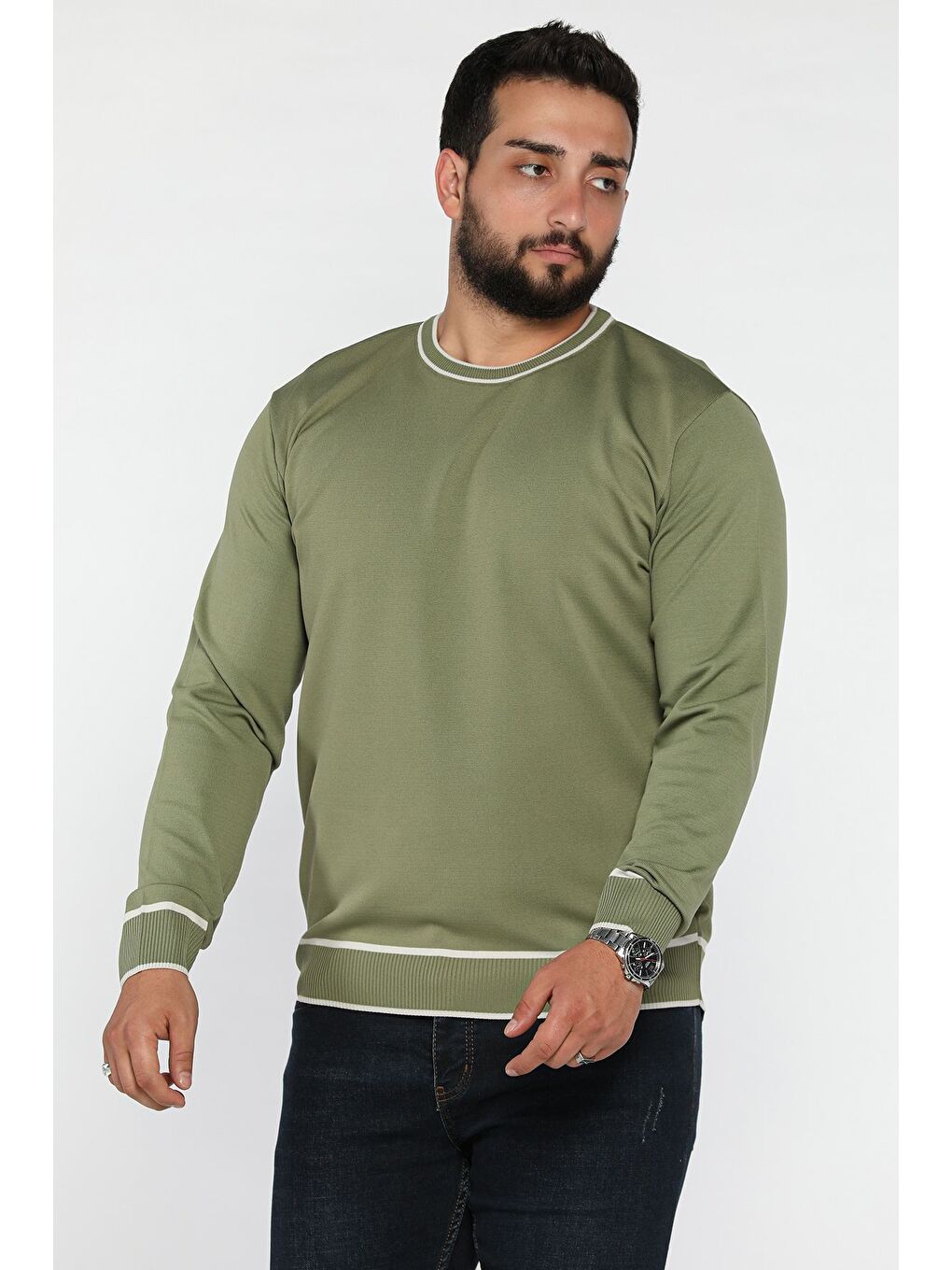 Haki Bisiklet Yaka Çizgili Erkek Triko Kazak-1