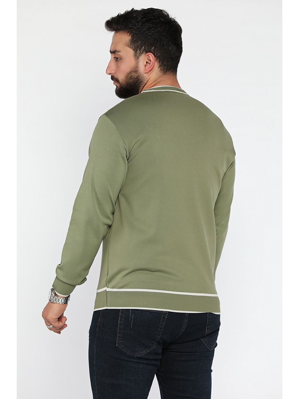 Haki Bisiklet Yaka Çizgili Erkek Triko Kazak-2