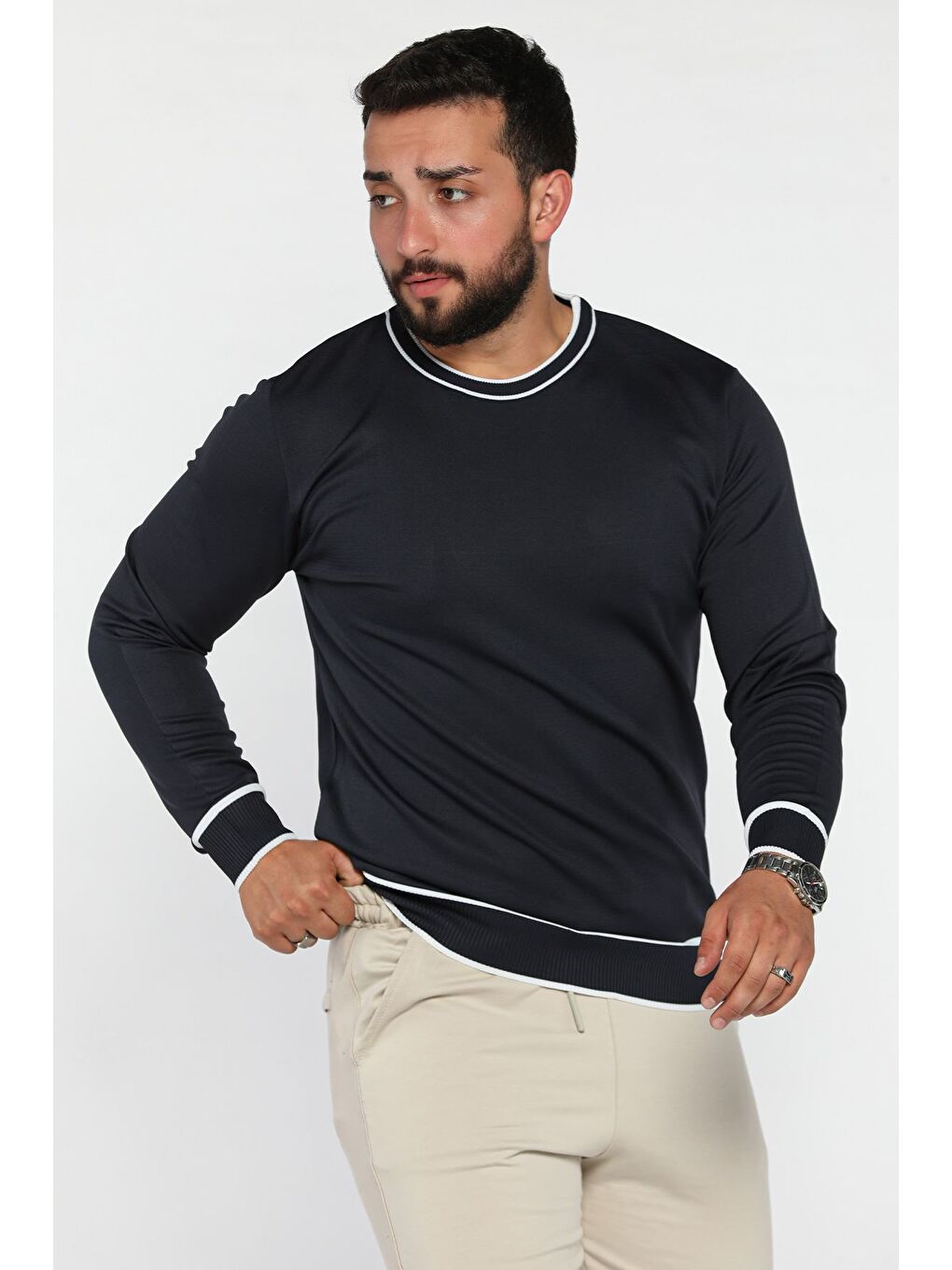 Lacivert Bisiklet Yaka Çizgili Erkek Triko Kazak-1