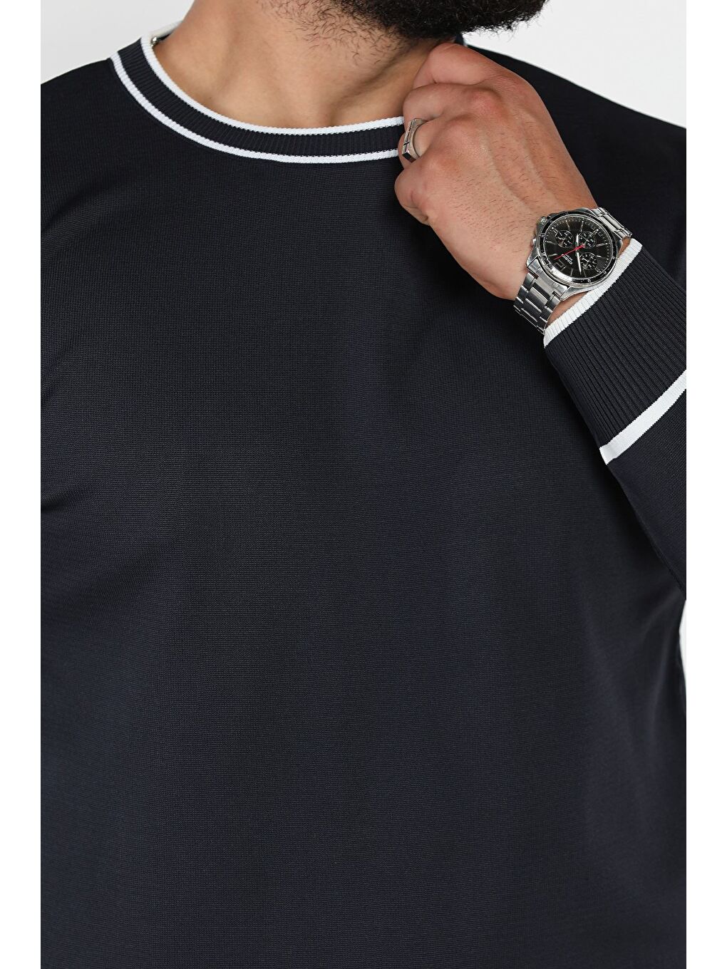 Lacivert Bisiklet Yaka Çizgili Erkek Triko Kazak-3