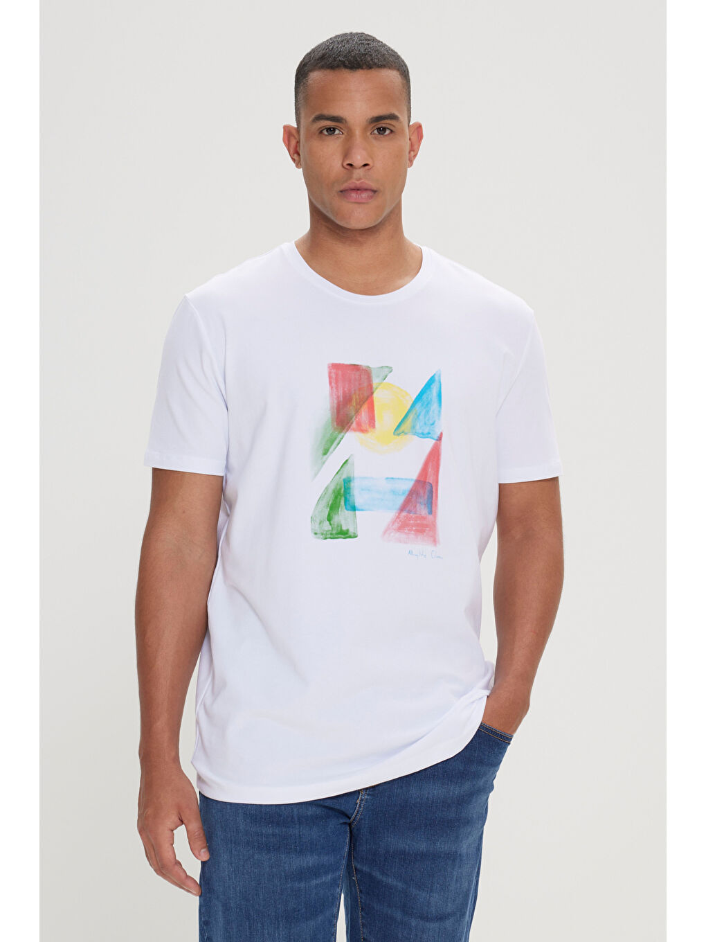 Erkek Beyaz Slim Fit Dar Kesim Pamuklu Baskılı Bisiklet Yaka Tişört