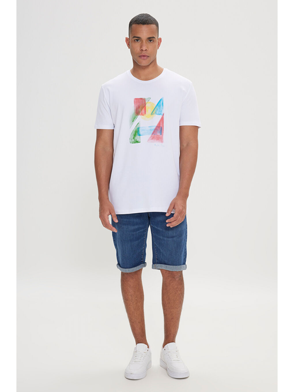 Erkek Beyaz Slim Fit Dar Kesim Pamuklu Baskılı Bisiklet Yaka Tişört-1