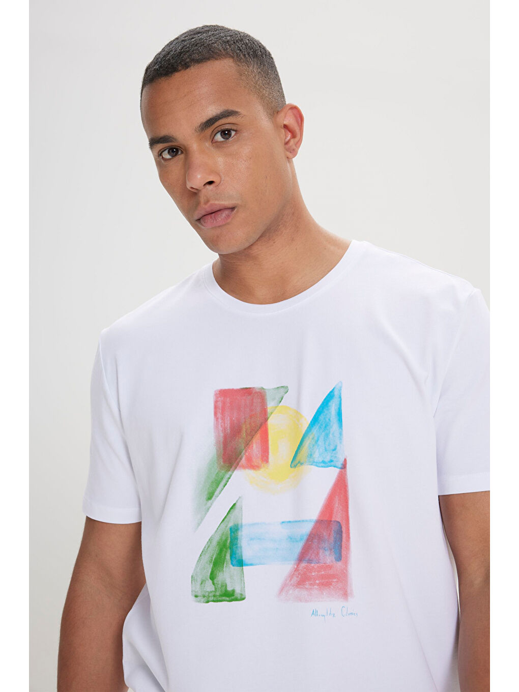 Erkek Beyaz Slim Fit Dar Kesim Pamuklu Baskılı Bisiklet Yaka Tişört-2