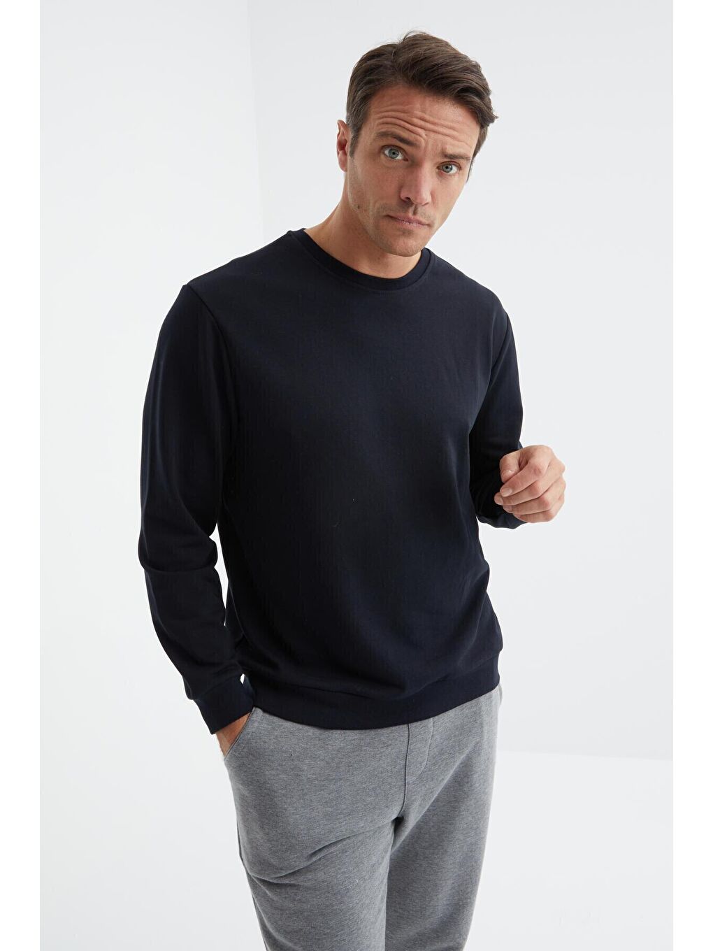 TOMMYLIFE Lacivert Basic Bisiklet Yaka Rahat Form Erkek Sweatshirt - 88053 - 2