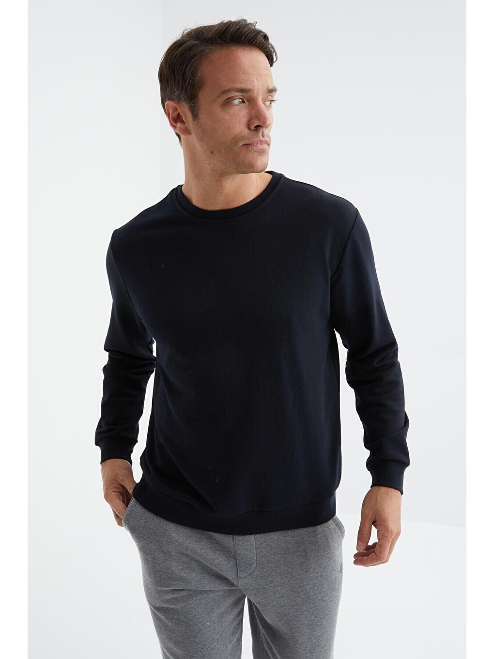 TOMMYLIFE Lacivert Basic Bisiklet Yaka Rahat Form Erkek Sweatshirt - 88053 - 4