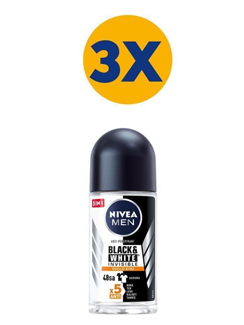 NIVEA Şeffaf Men Black&White Invisible Güçlü Etki Erkek Roll On 50 ml X3 Adet, 48 Saat Anti-Perspirant Koruma