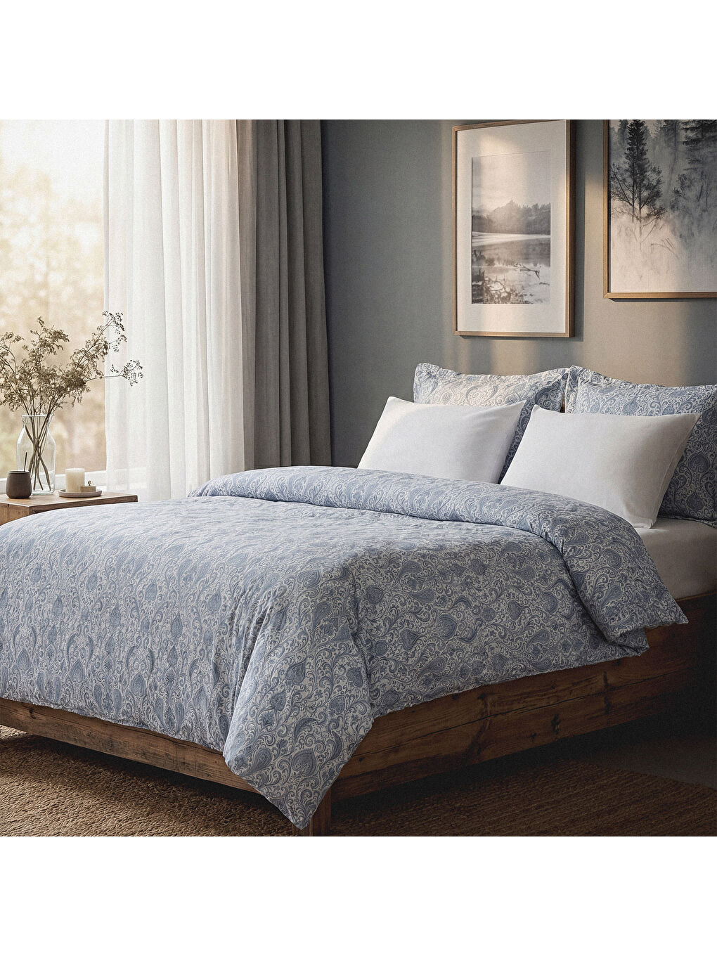 Serena Zarif Denge Çift Kişilik %100 Ege Pamuğu Nevresim Takımı - Çarşaflı - 4 Yastıklı Mavi