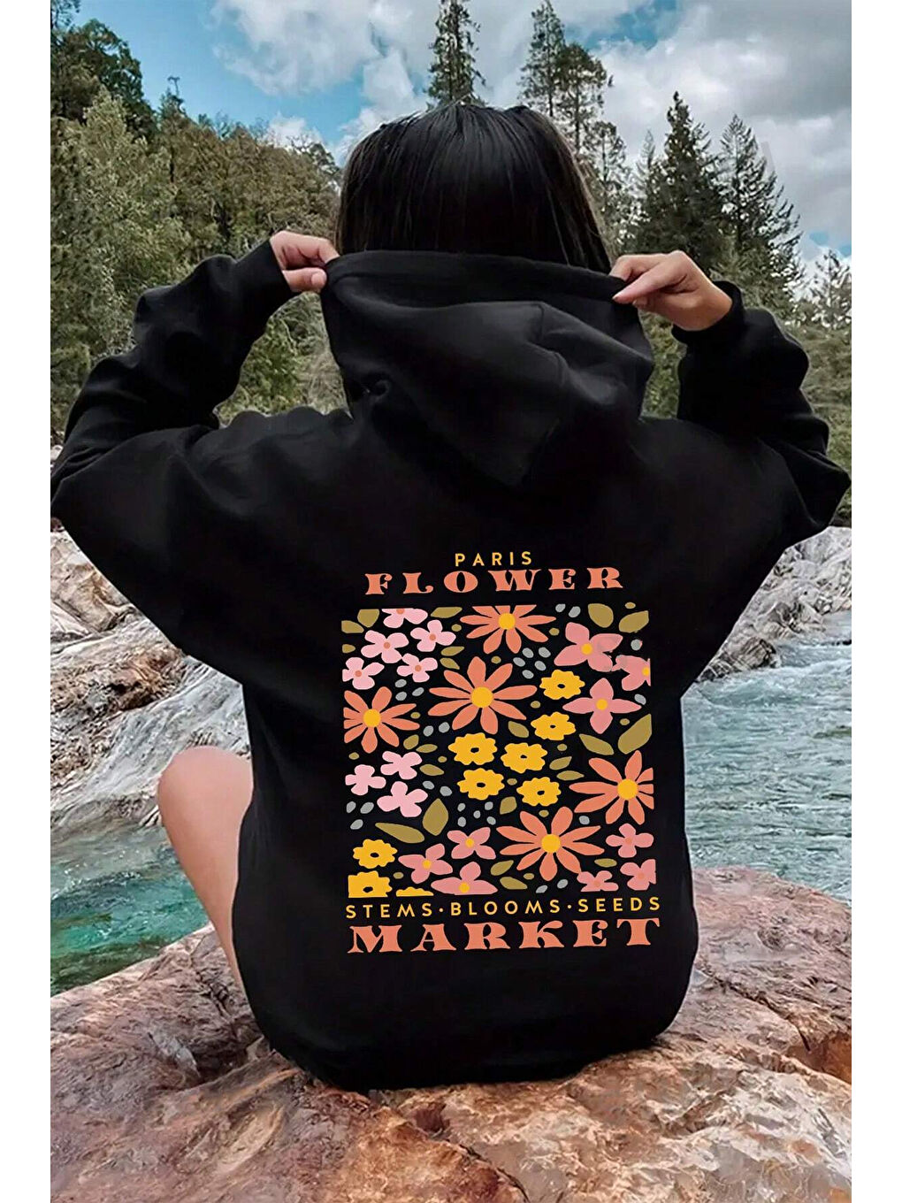 uyguntarz Siyah Flower Baskılı Oversize Sweatshirt - 1