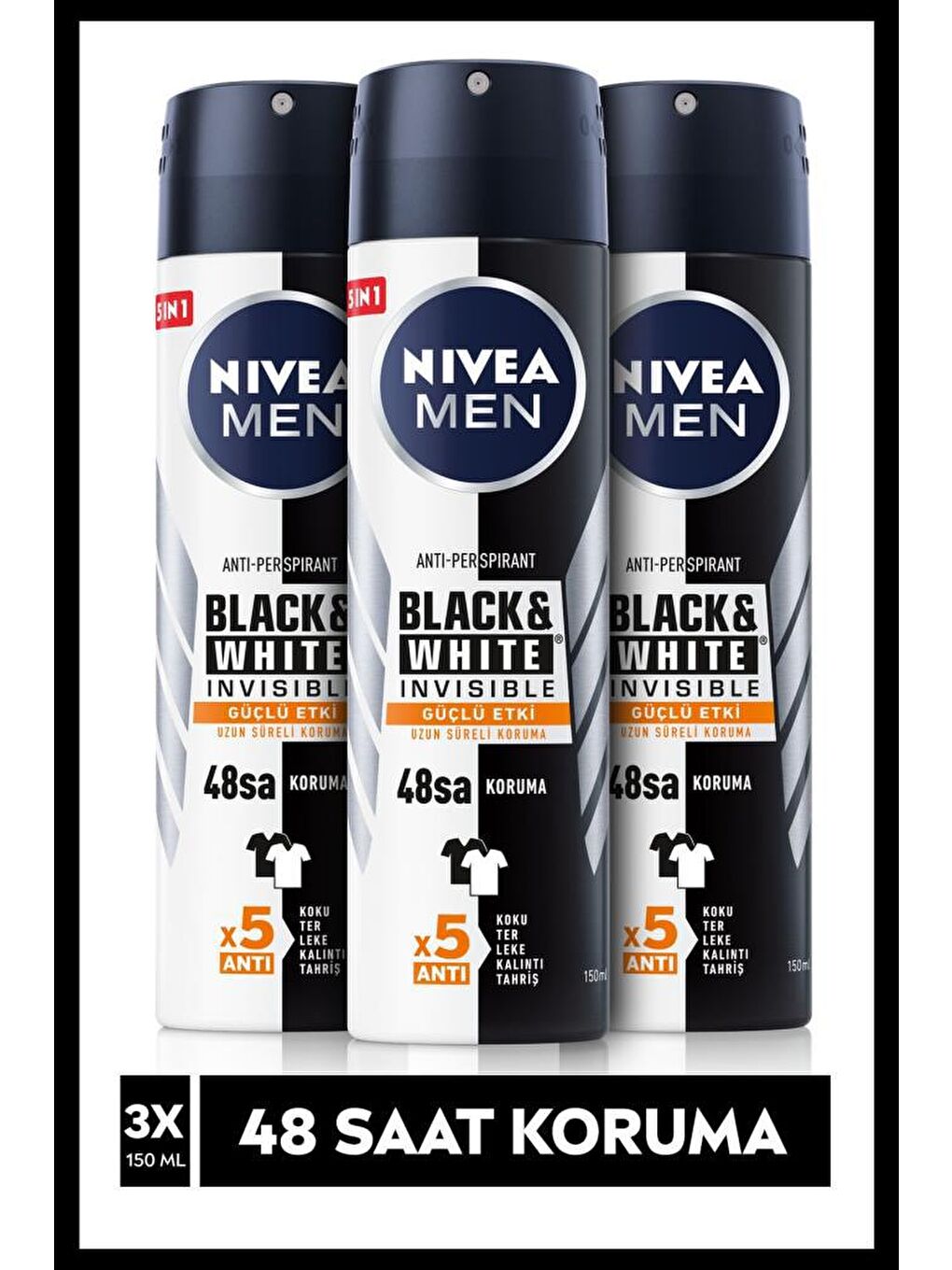 NIVEA Şeffaf Men Black&White Invisible Güçlü Etki Erkek Sprey Deodorant 150 ml X3 Adet, 48 Saat Anti-Perspirant